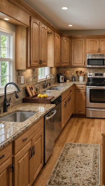 kitchen with honey oak cabinets and tan granite countertops