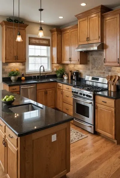 A kitchen with honey oak cabinets and deep brown countertops with a natural stone backsplash (1)