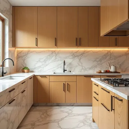 A kitchen with honey oak cabinets and marble countertops with veining of soft gray