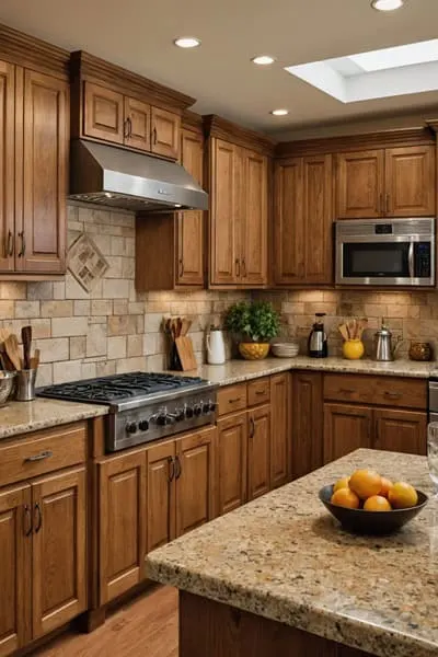 A kitchen with honey oak cabinets and brown countertops with a natural stone backsplash