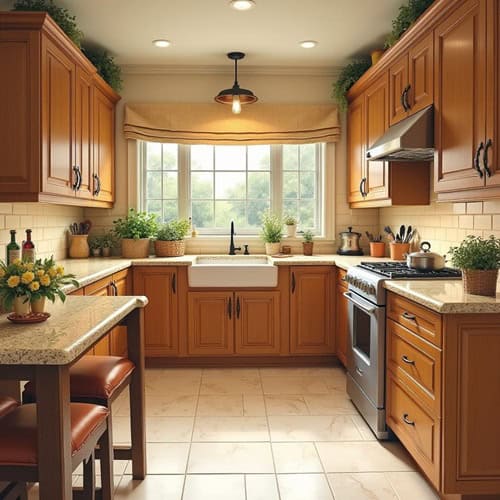 A large kitchen with honey oak cabinets and warm beige granite countertops