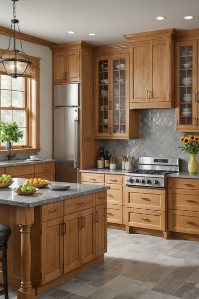 A kitchen with honey oak cabinets and soft gray granite countertops