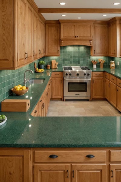 A kitchen with honey oak cabinets and muted green granite countertops