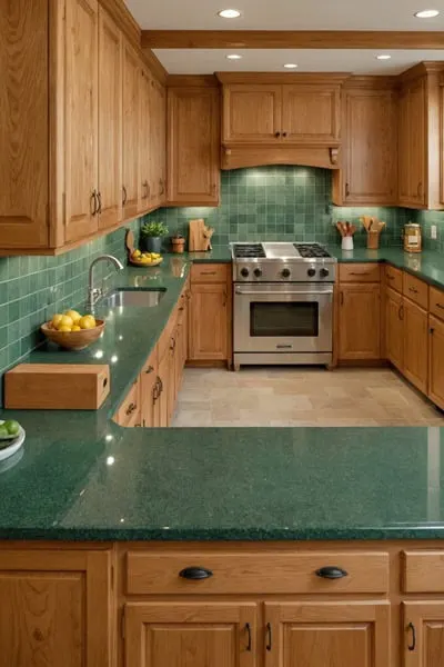 A kitchen with honey oak cabinets and muted green granite countertops