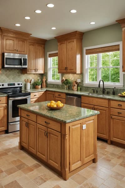 kitchen with honey oak cabinets and green granite countertops