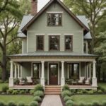 farmhouse style home with green siding and brown trim.