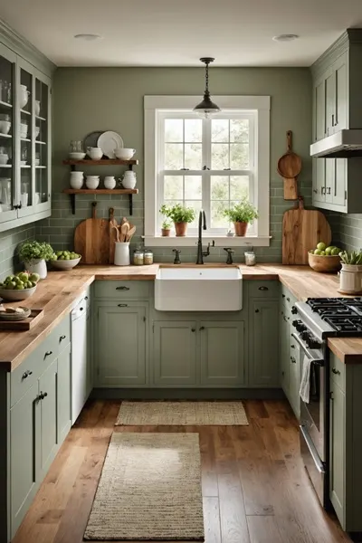 farmhouse style kitchen with sage green cabinets and walls