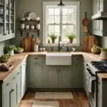 farmhouse style kitchen with sage green cabinets and walls