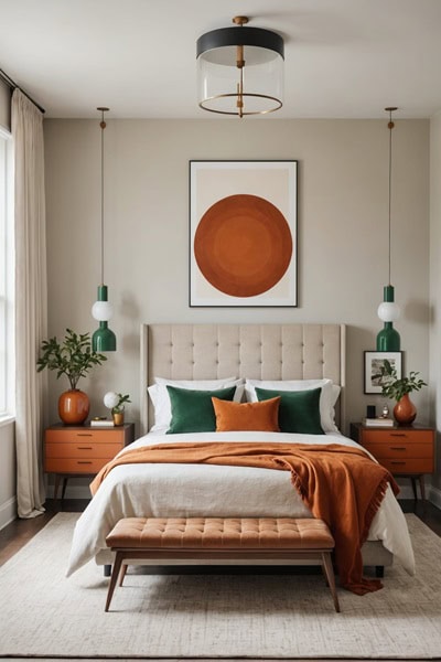 large neutral mid century modern Bedroom with burnt orange and green details