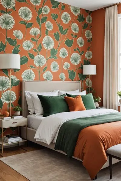 neutral modern Bedroom with burnt orange and green wallpaper