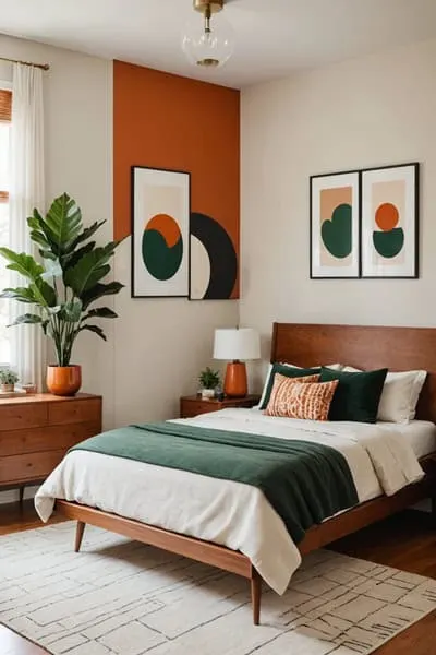 mid-century modern Bedroom with neutral walls and burnt orange and green details