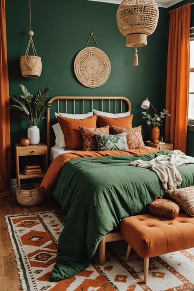 Green boho Bedroom with burnt orange details