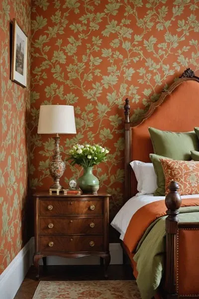 neutral traditional Bedroom with burnt orange and green wallpaper and walnut furniture