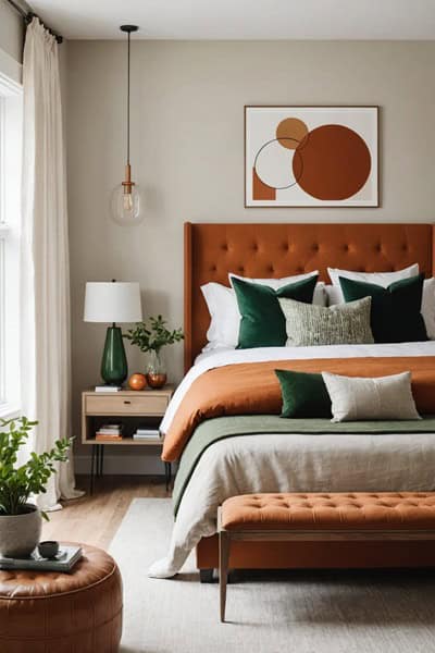 neutral modern Bedroom with burnt orange and green wallpaper