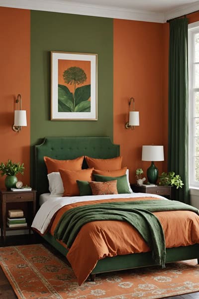 Green and Burnt Orange Bedroom with bed and night stands