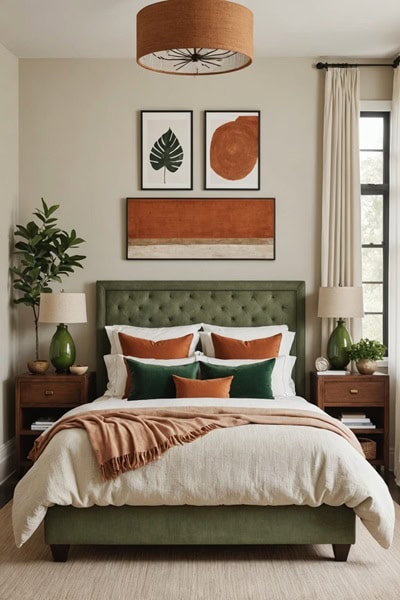 neutral Bedroom with burnt orange and green details