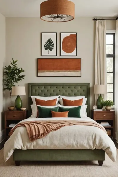 neutral Bedroom with burnt orange and green details