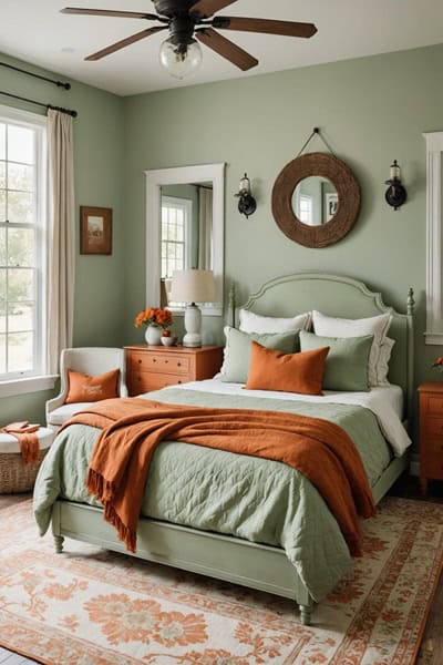 light Green farmhouse Bedroom with burnt orange details