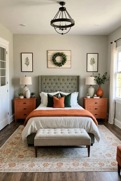 large neutral farmhouse style Bedroom with burnt orange and green details