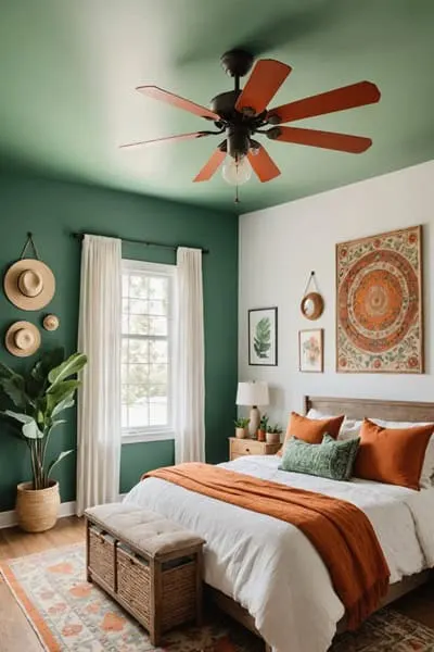 neutral boho Bedroom with a green ceiling fan and green and burnt orange room details