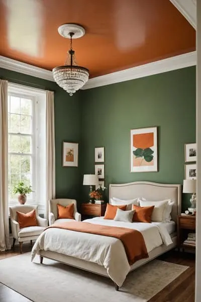 neutral Bedroom with a painted green ceiling and burnt orange details