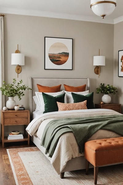 neutral Bedroom with burnt orange and green details