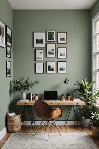 home office with wood desk, chair and green walls