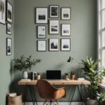 home office with wood desk, chair and green walls