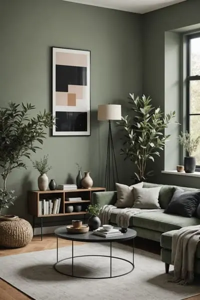 iving room with dark green walls, couch, lamp and art on the wall