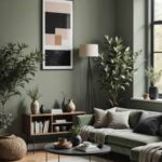 iving room with dark green walls, couch, lamp and art on the wall