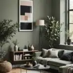 iving room with dark green walls, couch, lamp and art on the wall