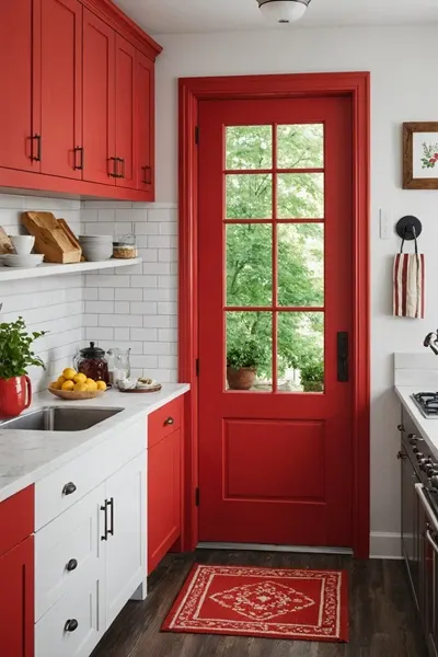 kitchen with a red door and red upper cabinets