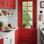 kitchen with a red door and red upper cabinets