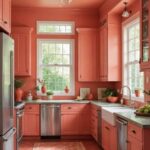 kitchen with coral wall and cabinets