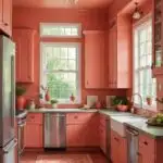 kitchen with coral wall and cabinets