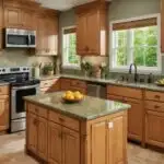 kitchen with honey oak cabinets and green granite countertops