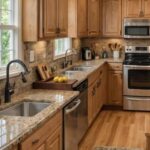 kitchen with honey oak cabinets and tan granite countertops