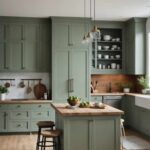 kitchen with island and cabinets that are muted green.