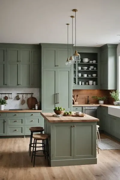 kitchen with island and cabinets that are muted green