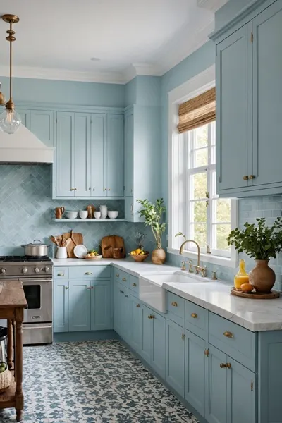 kitchen with light blue walls and cabinets