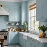 kitchen with light blue walls and cabinets