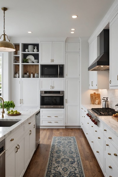 large kitchen with classic white walls and cabinets