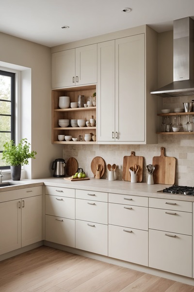 large neutral kitchen with beige cabinets and walls