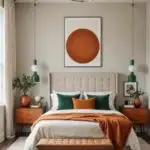 large neutral mid century modern Bedroom with burnt orange and green details