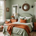 light Green farmhouse Bedroom with burnt orange details