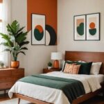 mid-century modern Bedroom with neutral walls and burnt orange and green details