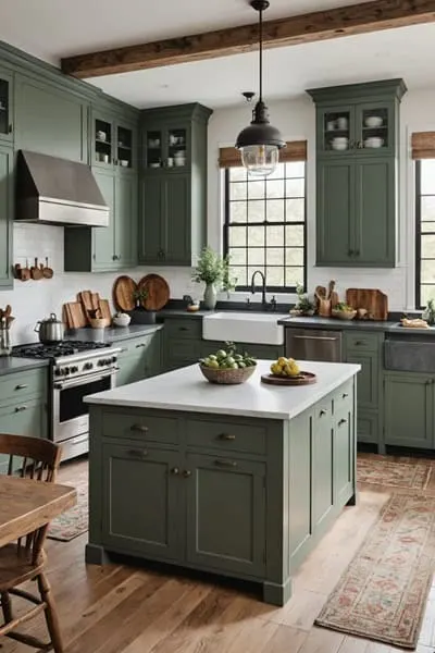 modern farmhouse style kitchen with island and green cabinets