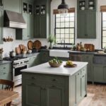 modern farmhouse style kitchen with island and green cabinets