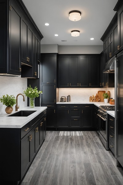 modern kitchen with black cabinets and white walls