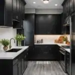 modern kitchen with black cabinets and white walls